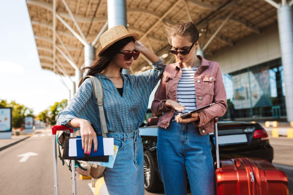 two young female travellers arriving at the airport