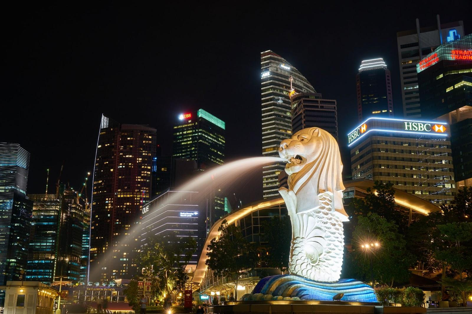 Singapore merlion park at night city lights tall buildings
